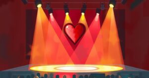 Supportive atmosphere with a heart symbol and an empty concert stage, showcasing fan love and anticipation for a musician's return.