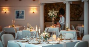 A dreamy wedding scene at Eden Rock hotel, featuring soft lighting and romantic decor, in pastel colours.
