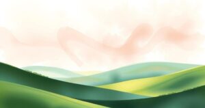 A serene landscape depicting tranquility, featuring lush green hills and a soft, pastel colour scheme.