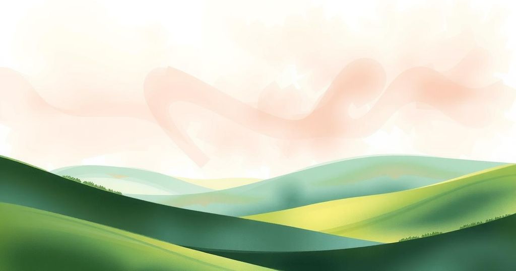 A serene landscape depicting tranquility, featuring lush green hills and a soft, pastel colour scheme.