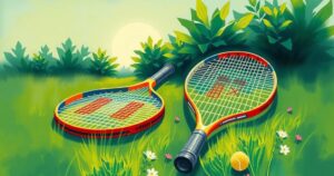 A serene landscape with tennis racquets resting on grass under a bright sky, symbolising partnership and new beginnings.