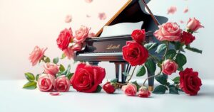 Supportive scene with a piano and roses, symbolising love and strength in challenging times.