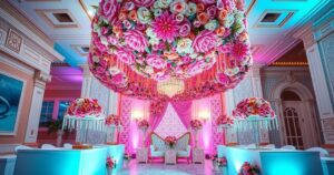 Luxury wedding scene featuring elegant décor, opulent venue, surrounded by flowers and twinkling lights.