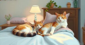 A serene landscape featuring peaceful cats resting on a bed, surrounded by warm, comforting colours, evoking tranquility.