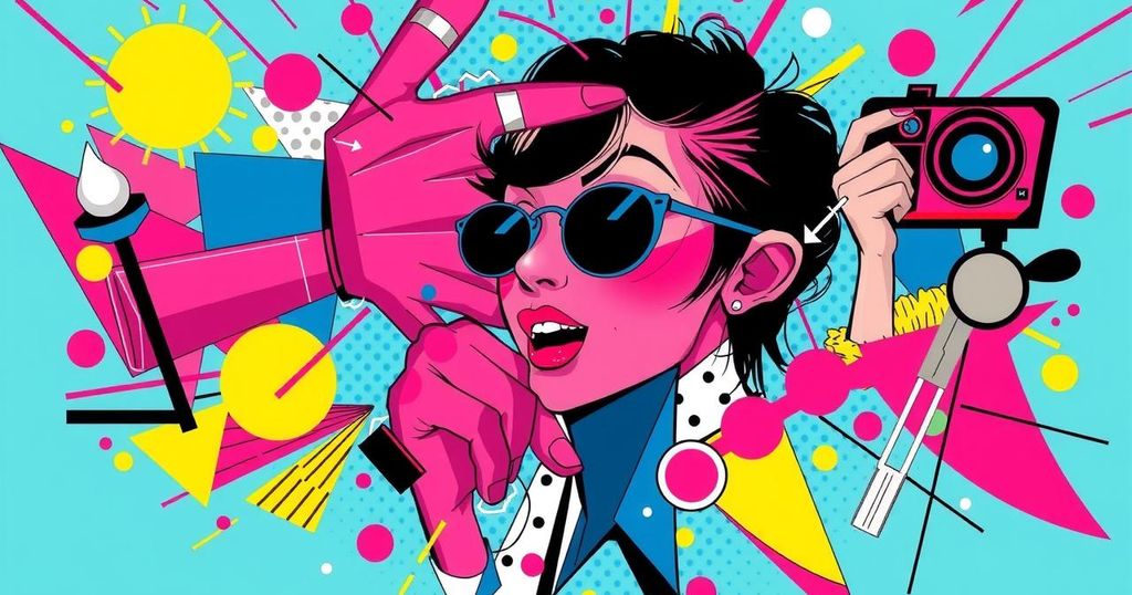 A colourful, abstract representation of celebrity gossip and scandal involving privacy and media invasion.