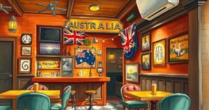 A scenic view of an Aussie pub in NYC with a warm colour palette, capturing a lively atmosphere.