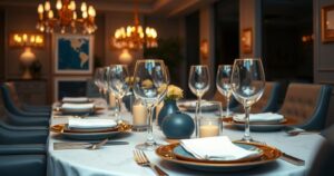 A luxurious table set for dinner with stylish plates, glasses, and elegant decor surrounded by dim lighting.