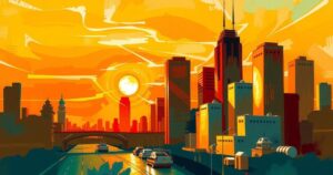 A bright sunrise over a vibrant city skyline, symbolizing new beginnings and opportunities for growth.