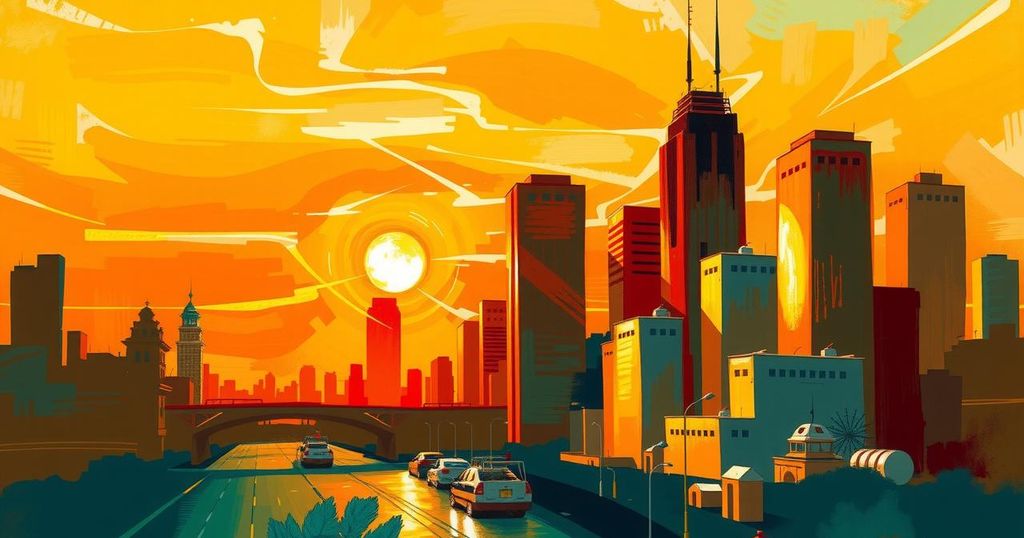 A bright sunrise over a vibrant city skyline, symbolizing new beginnings and opportunities for growth.