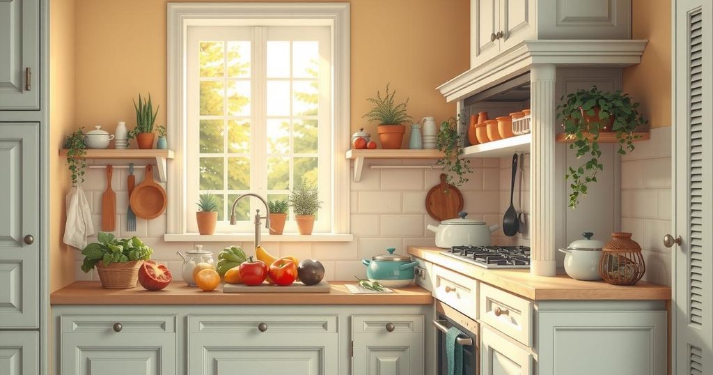 A serene kitchen scene with warm lighting, vibrant ingredients, and a calm atmosphere, celebrating culinary artistry.