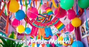A vibrant Pride Month celebration showing rainbow colours, festive decorations, and symbols of inclusivity and love.