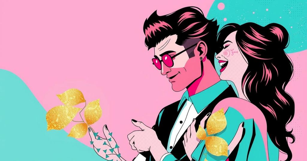 A stylish contemporary design featuring pink, teal and gold accents, symbolizing celebrities and glamour.