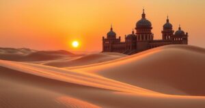 A luxurious desert landscape in Dubai with traditional architecture and soft, warm sunset hues.