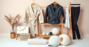 A stylish collection of elegant fashion items displayed on a soft colour palette, highlighting modern lifestyle aesthetics.
