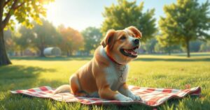 A mixed breed dog resting on a picnic blanket, set in a sunlit park.