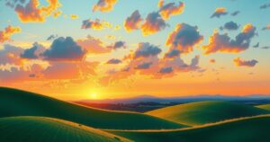 A serene landscape featuring lush green hills, soft clouds, and a colourful sunset, evoking hope and support.