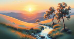 A serene landscape depicting a sunrise over gentle hills and a calm stream, in soft pastels, capturing spiritual reflection.