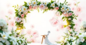 A serene wedding scene with a white floral arch, soft lighting, and elegant decor, symbolising a romantic union.