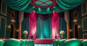 A vibrant ceremony at a grand theatre, showcasing bold fashion and elegant atmosphere, celebrating theatre excellence.