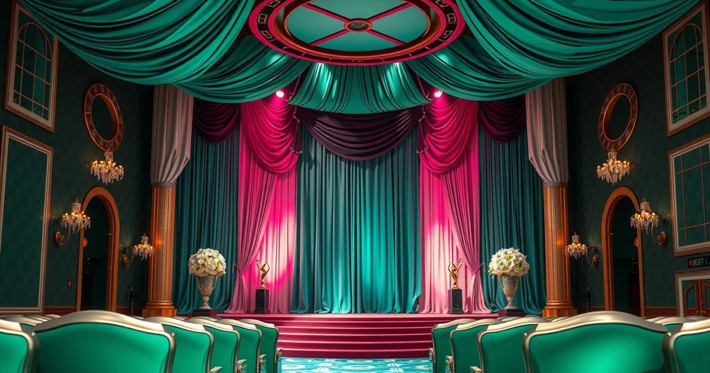 A vibrant ceremony at a grand theatre, showcasing bold fashion and elegant atmosphere, celebrating theatre excellence.