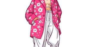 A glamorous pink floral coat and white dhoti pants displayed in a vibrant setting, showcasing bold fashion choices.