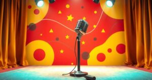 A comedian's microphone with a humorous background filled with laughter and vibrant colours, showcasing comedy atmosphere.