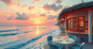 A romantic sunset view over a restaurant by the beach, reflecting warmth and connection.