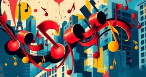 Abstract art representing a vibrant hip-hop culture with musical notes and urban landscapes in bold colours.