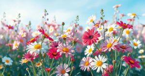 A serene scene of a peaceful garden with vibrant flowers, symbolising new beginnings in a soft pastel colour scheme.