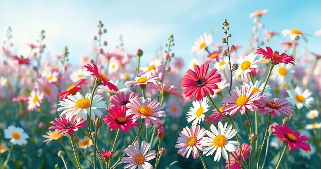 A serene scene of a peaceful garden with vibrant flowers, symbolising new beginnings in a soft pastel colour scheme.