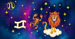 A cosmic illustration of astrology symbols with vivid colours representing gossip in the zodiac signs.