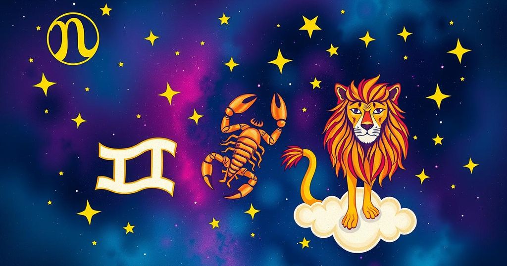 A cosmic illustration of astrology symbols with vivid colours representing gossip in the zodiac signs.