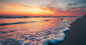 A serene beach scene with gentle waves and a vibrant sunset reflecting on the water, evoking acceptance and beauty.