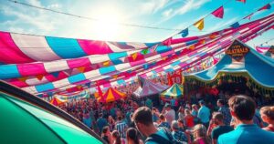 A vibrant festival scene with a couple enjoying music at Glastonbury, showcasing joy and celebration in bright colours.