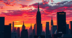 A city skyline of New York at sunset, highlighting vibrant colours and energy, representing passion and creativity.