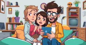A humorous cartoon showing a couple struggling with a tablet, surrounded by technology and chaos in a whimsical home setting.