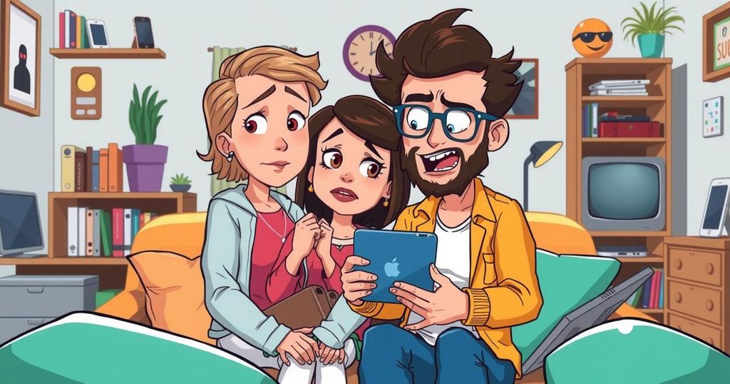 A humorous cartoon showing a couple struggling with a tablet, surrounded by technology and chaos in a whimsical home setting.