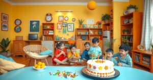 A lively scene of playful activities in a bright living room, showcasing a family-friendly atmosphere with decorations.