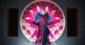 A glamorous outfit inspired by a celebrity, displayed in a circular setting with vibrant colours and dynamic patterns.