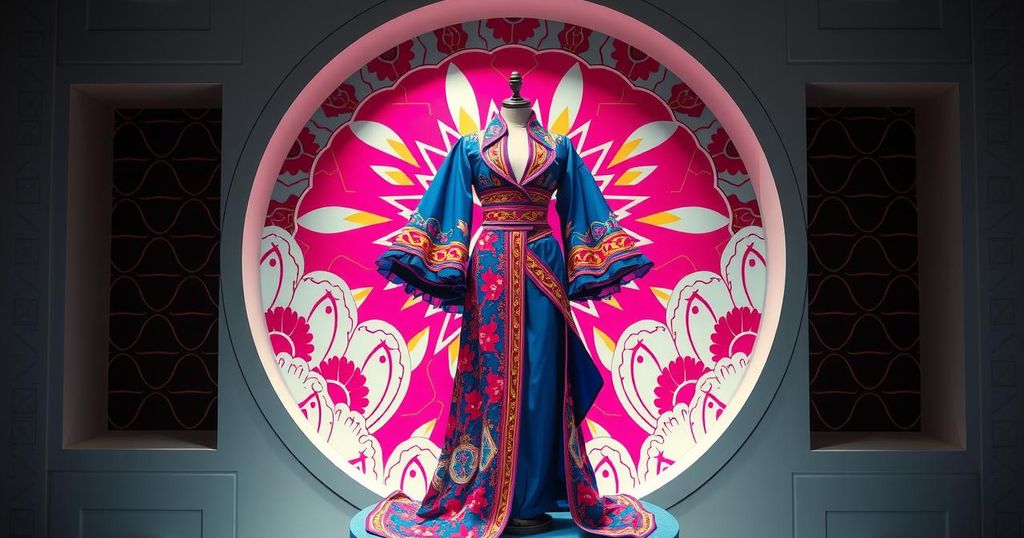 A glamorous outfit inspired by a celebrity, displayed in a circular setting with vibrant colours and dynamic patterns.