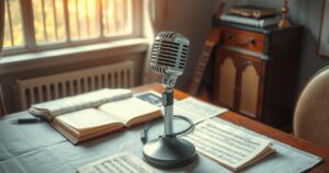 A serene scene of a vintage microphone and sheet music on an elegant table, evoking nostalgia and artistry.