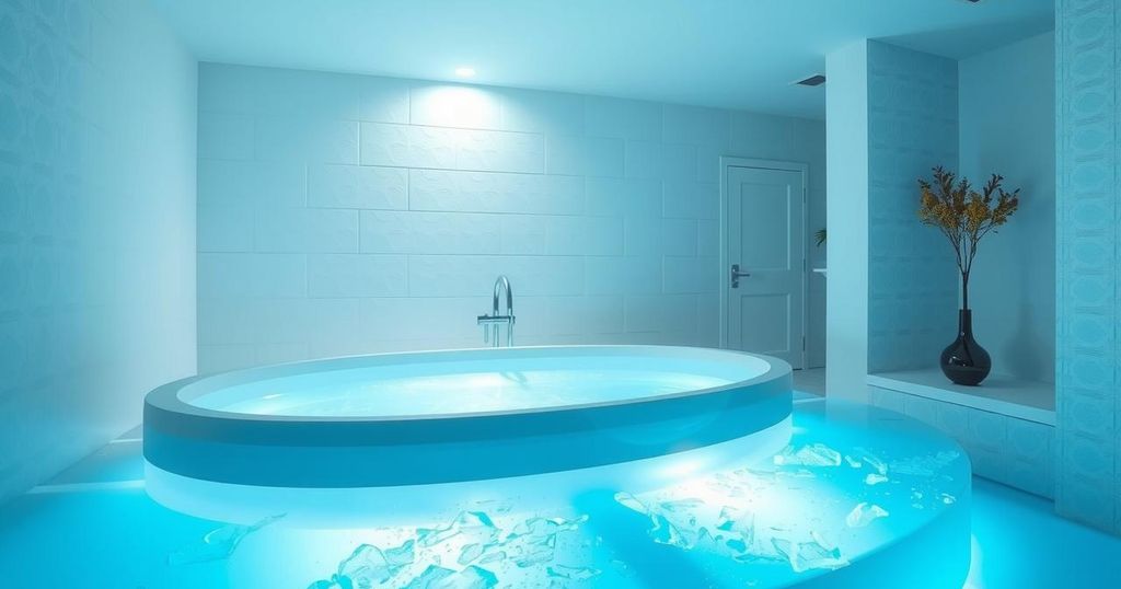 Ice bath view showcasing a serene environment with calming blue tones and frosty textures for relaxation and mental health.