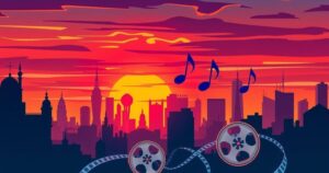Vibrant sunset over a bustling city skyline, showcasing entertainment vibes with musical notes and film reels.