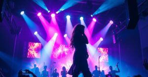 A dramatic concert scene with vibrant lights and a silhouette of a kissing couple, illustrating romance and scandal at a music event.
