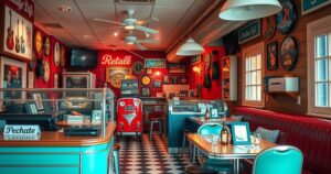 A nostalgic cafe with retro decor, vintage music memorabilia, and warm lighting, evoking memories of celebrity childhoods.