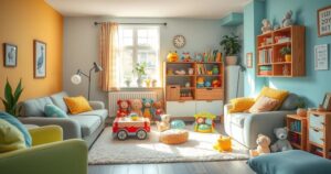 A cozy family scene with colourful toys and a welcoming home atmosphere, reflecting the joy of adoption.