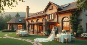 A romantic setting at a rustic estate with elegant decor, symbolising a fairy-tale wedding and lifelong companionship.
