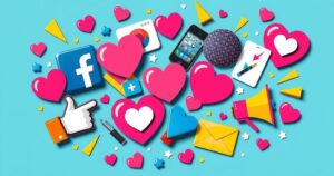A vibrant collage showcasing social media elements and bright colours representing celebrity dating dynamics.