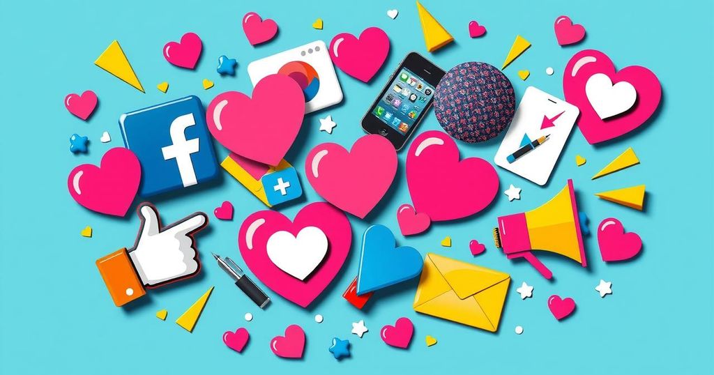 A vibrant collage showcasing social media elements and bright colours representing celebrity dating dynamics.