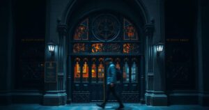 A closed nightclub entrance with a gothic design, surrounded by a dark, atmospheric setting and muted lighting.